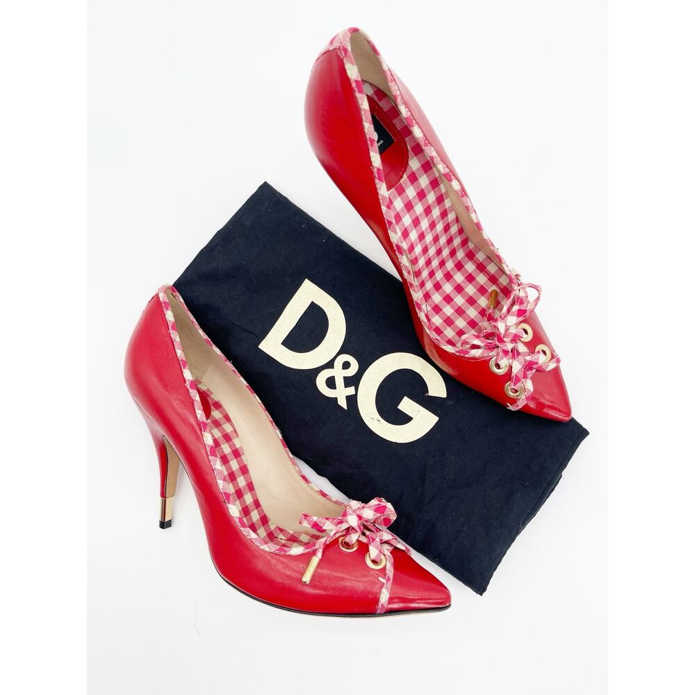 Dolce Gabbana D&G Vintage Red Leather Gingham Bow Pointed Toe Pumps Heels IT 39